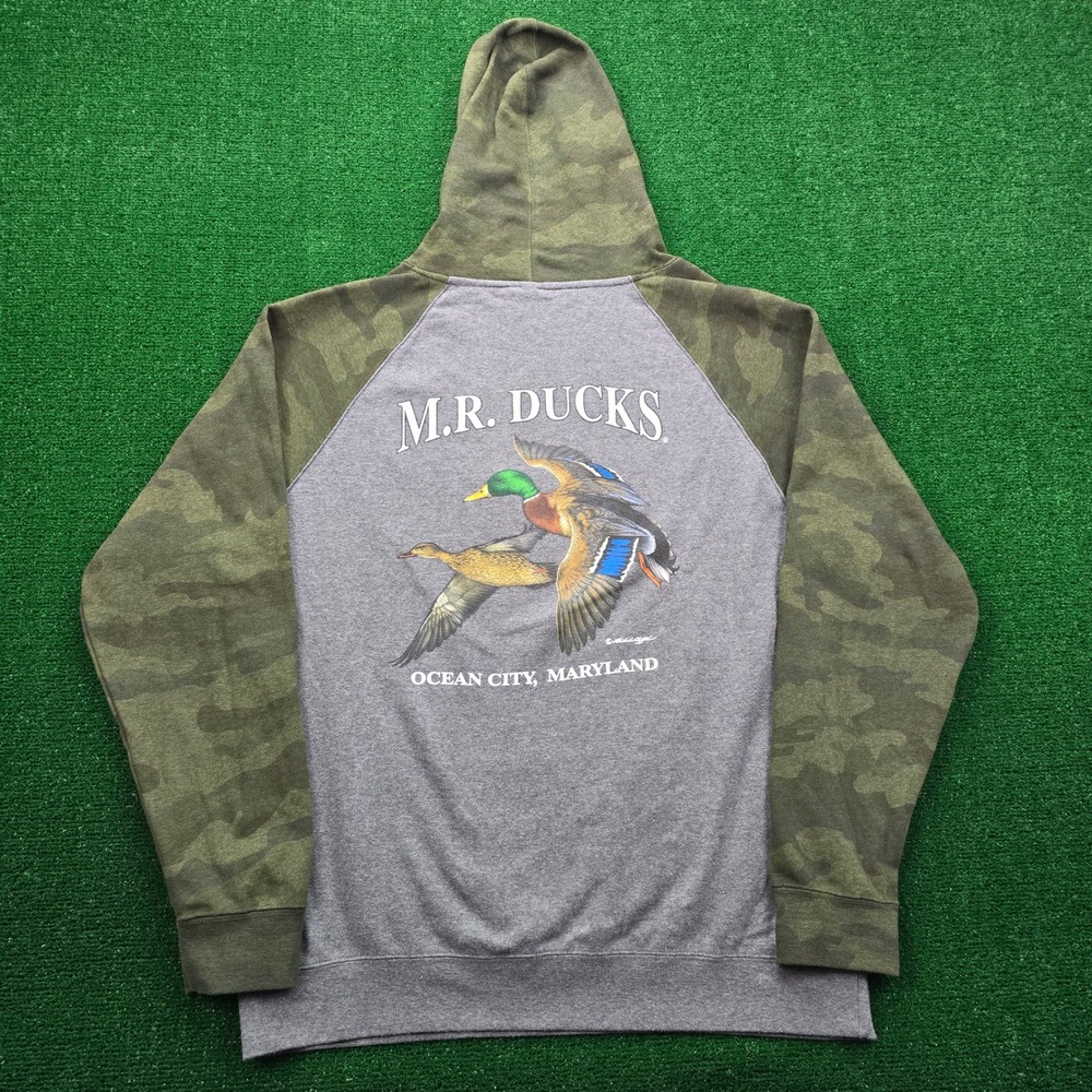 MR Ducks‎ Hoodie Sweatshirt Mens XL Gray Green Camo Graphic Ocean City Maryland